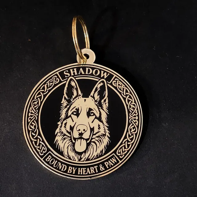 Round brass medallion with engraved German Shepherd portrait