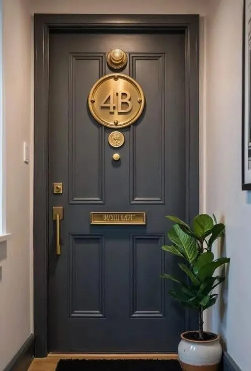 Pinterest inspiration photo of a dark door with a round brass number plate, a brass name plate and a ring knocker